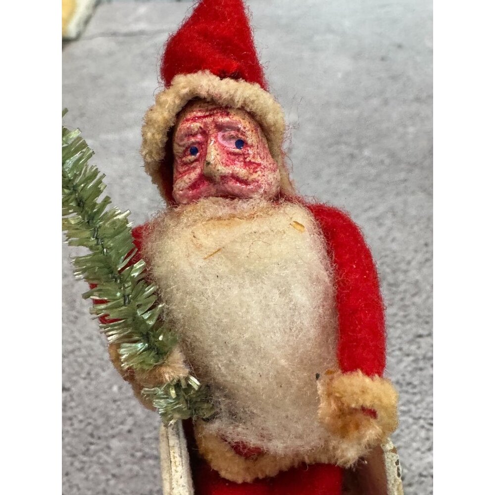 Antique 1930s Japan Santa Cardboard Sleigh Molded Composition Face Brush Tree - Picture 8 of 9